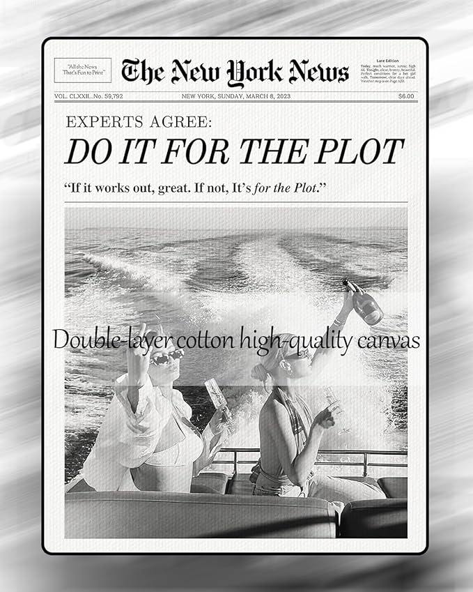 Trendy Newspaper Style Wall Art 8x10 Vintage Do It For The Plot Canvas Prints Decor Waterproof Fade-Resistant Black and White Wall Art for Apartment Bathroom Funny Retro Wall Decor for Bedroom