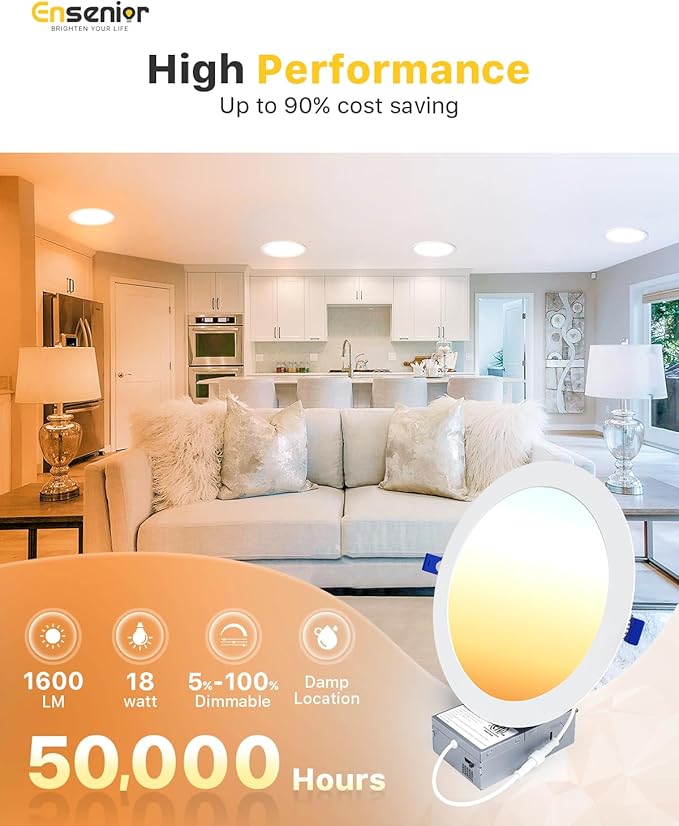 Ensenior 12 Pack 8 Inch LED Recessed Ceiling Light, Dimmable, 2700K-5000K 5CCT, 1600LM 18W 120V, High Brightness Canless Wafer Downlight - ETL&FCC&IC