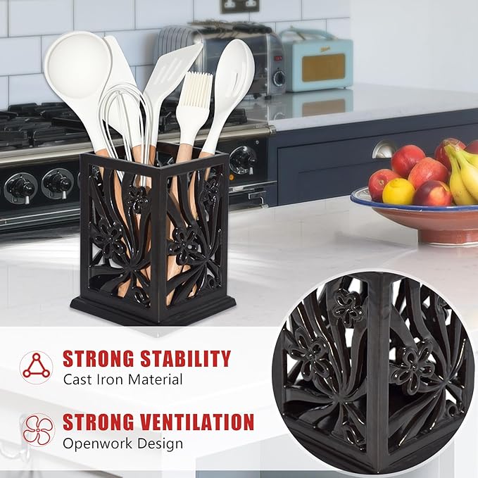 Kitchen Utensil Holder for Countertop Vintage Cast Iron Metal Utensil Storage Spatula Holder for Kitchen Counter with Hollowed-out Daffodil Pattern, Black