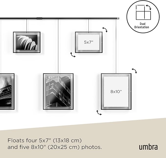 Umbra Exhibit Wall Frame with Metal Rod for Hanging-Rimless Design-Suitable for Living Room, Bathroom, Bedroom, Entryway and More, Black