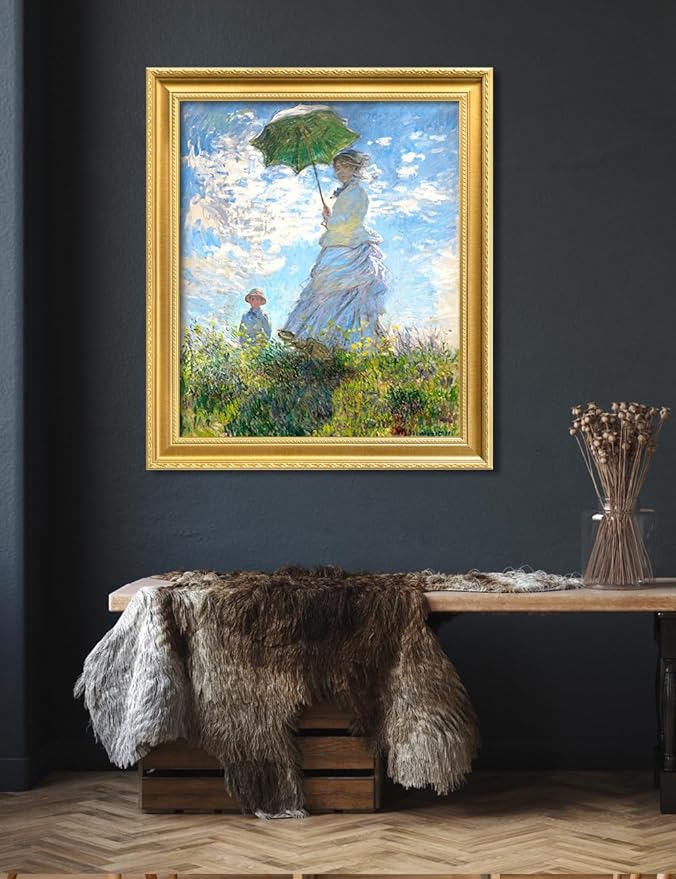DECORARTS - Claude Monet Woman With A Parasol Giclee Print with Gold Solid Wood Frame, Impressionist Large Framed Wall Art, Ready to Hang, Framed Size 24.75x28.75, Made in USA