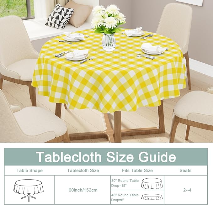 misaya Round Waterproof Vinyl Table Cloth, Buffalo Flannel Backed Tablecloth, Wipeable Plastic Table Cover for Dinner, Kitchen, Picnic (60", Yellow and White)