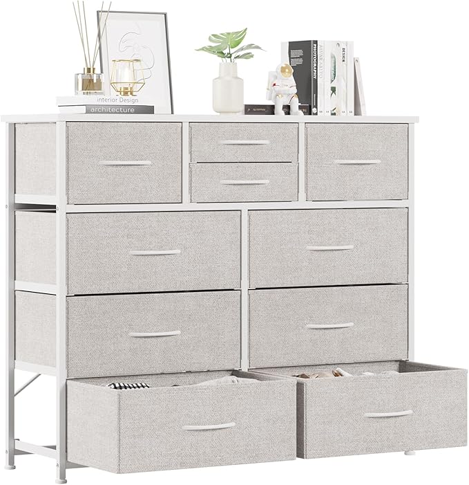 LUMTOK 10-Drawer Dresser, Fabric Dressers Drawers for Bedroom, Hallway, Nursery, Closets, Steel Frame, Wood Top, Easy Pull Handle (Light Grey)