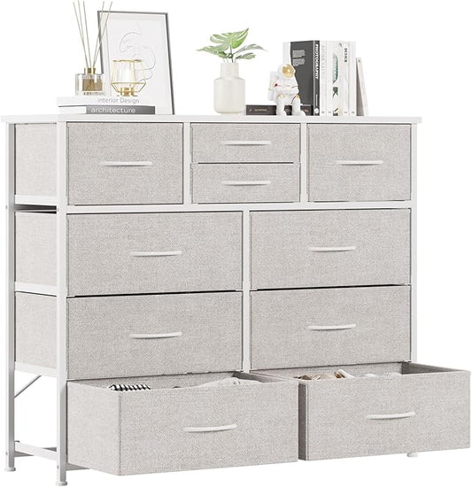 LUMTOK 10-Drawer Dresser, Fabric Dressers Drawers for Bedroom, Hallway, Nursery, Closets, Steel Frame, Wood Top, Easy Pull Handle (Light Grey)