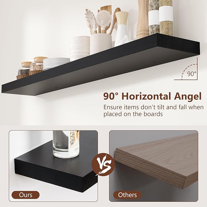 Black Floating Shelves 48 Inch, Solid Wood Wall Mounted Shelves Set of 2, Extra Long Modern Floating Shelves for Wall Decor & Storage, Shelves for Bathroom Bedroom Kitchen Living Room - Black