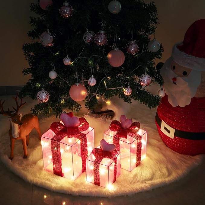 Pink Decorations Lighted Gift Boxes with Pink Cloth, Pre-lit Lights Gift Boxes Set of 3, Light up Present Boxes Set Battery Operated with Different Sizes for Holiday Indoor Decorations