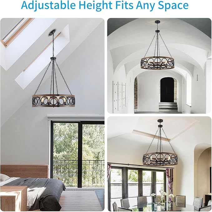 XINGQI 8 Lights Modern Farmhouse Chandelier Black 32.3" Large Drum Light Fixture Rustic Pendant Lighting for Living Room Dining Room Kitchen Island Bar Office, Round Metal Shade Wood Grain Finish