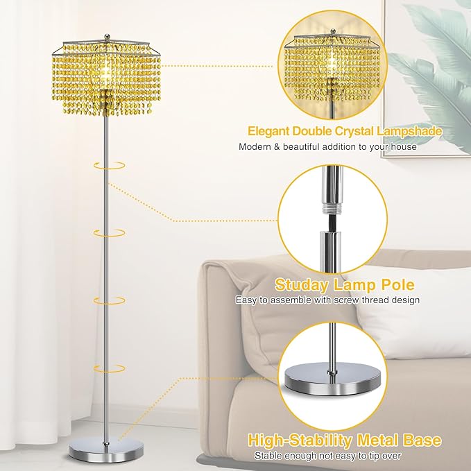 Luvkczc Crystal Floor Lamp Yellow, 64" Tall Elegant Standing Lamp with On-Off Foot Switch, Double-Layer Lampshade, Standing Lamps for Living Room, Bedroom, Office, 8W Bulb Included