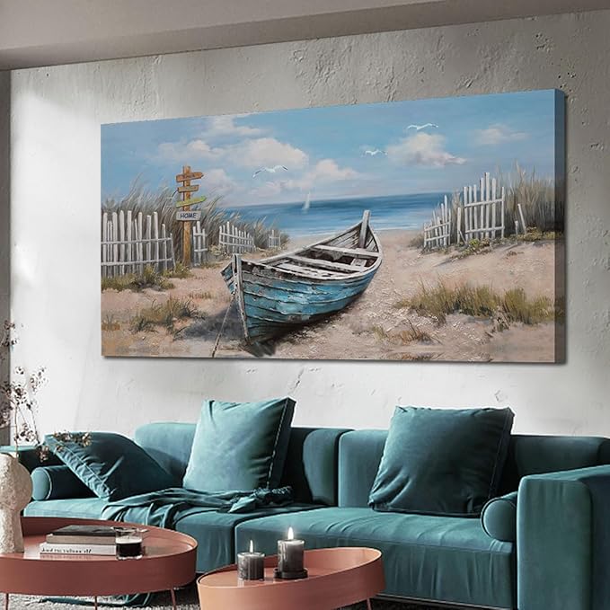 Ardemy Blue Coastal Canvas Wall Art for Living Room Textured Beach Painting Turquoise Teal Bedroom Picture Modern Boat Artwork Framed Home Office Kitchen Wall Decor, Large 48"x24"