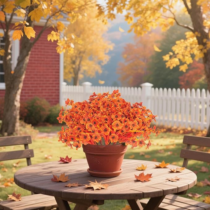 Artificial Fall Flowers Outdoor - Autumn Realistic Faux Plant, Weather-Resistant UV Protection, Perfect for Porch, Patio, Garden, Window Box, and Planters Decor(Fall Orange)