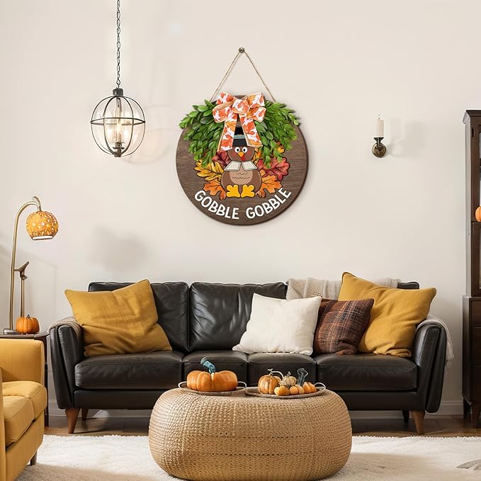 Boao 12 Inch Thanksgiving Door Decor Turkey Gobble Wooden Sign for Front Door Decorations Thanksgiving Sign with Bow Wall Art Hanging Wreath Decorations for Harvest Home Outdoor Farmhouse Porch Hanger