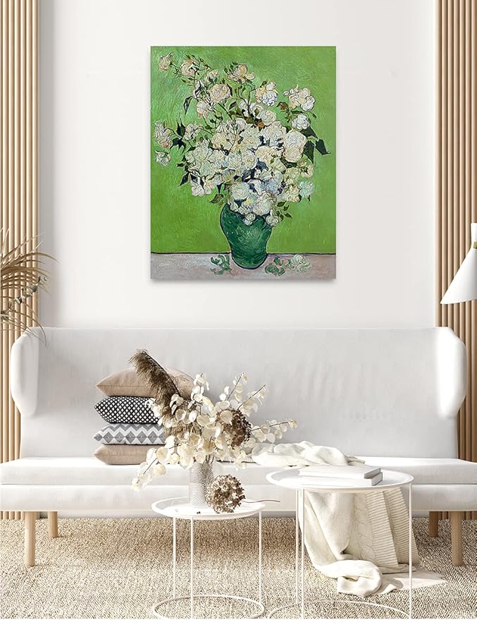 DECORARTS - Pink Roses in a Vase, Vincent Van Gogh Art Reproduction. Giclee Canvas Prints Wall Art for Home Decor 30x24