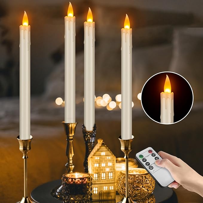 Flameless Taper Candles 10" Dripless Battery Operated Taper Candles Included Remote Timer 400+ Hours by 2AA Batteries for Halloween Christmas Wedding (Ivory Drip, 24 Pack)