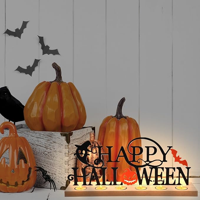Happy Halloween Metal Sign Rustic Table Decorations with Wooden Base, Tiered Tray Decor with 18pcs Tealights, Table Centerpieces Metal Word Sign for Halloween Party Home Indoor Office Tabletop Mantel