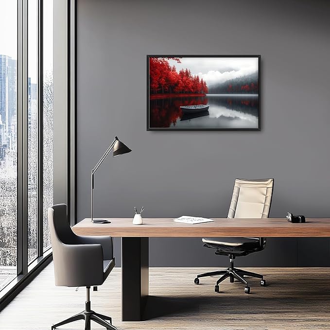 Olivine Lake Large Wall Art, Red Forest Pictures Wall Decor, Black And White Landscape Paintings, Boat Canvas Prints, Framed Artwork for Dining Room Bedroom Living Room Office Bathroom Home 36"x24"