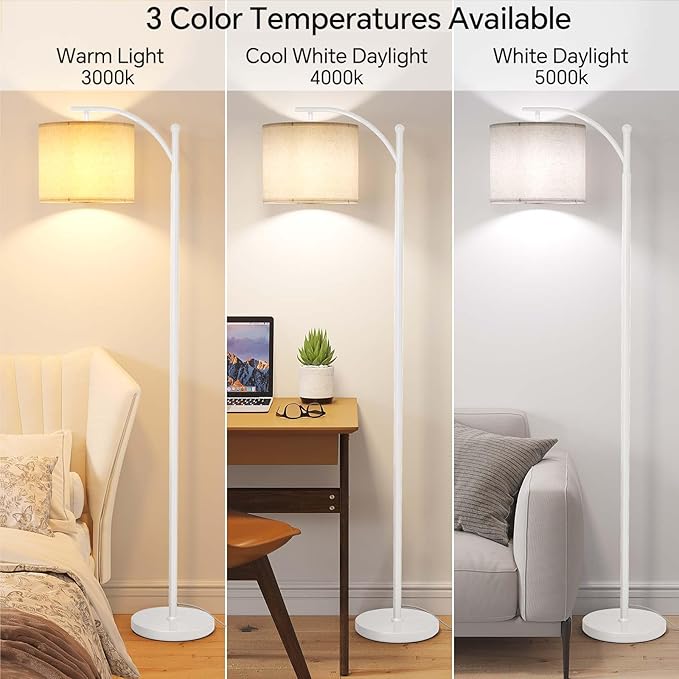 SUNMORY Arc Floor Lamp, Modern Floor Lamp with 9W 3 Color Temperatures Bulb, Metal Standing Lamps with Adjustable Hanging Lampshade, Tall Floor Lamps for Living Room, Bedroom, Office (White)