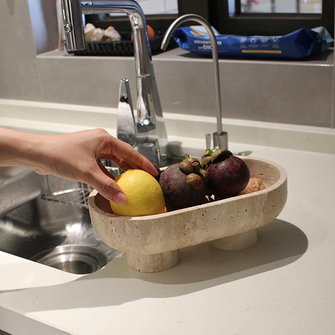 Natural Oval Travertine Fruit Bowl for Kitchen Counter 10", Large Decorative Bowl Two-Legs for Home Decor, Fruits Holder For Dining Table - Kitchen Organization