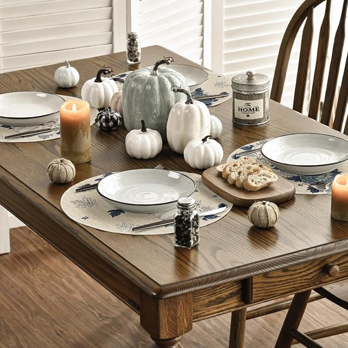 Artoid Mode Navy Blue Pumpkins Eucalyptus Leaves Round Fall Placemats Set of 4, 14 Inch Thanksgiving Round Table Mats for Dining Decoration