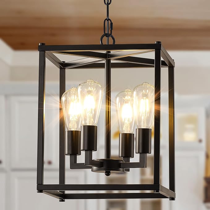 Lantern Pendant Light, 4-Light Black Chandelier,Modernized Ceiling Hanging Light Fixture for Bedroom Kitchen Island Foyer Living Room Dining Room Hallway