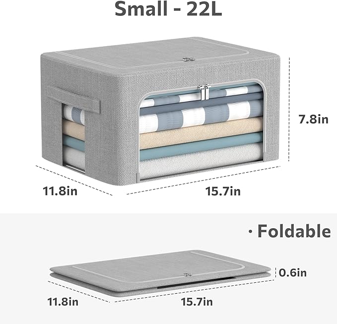 3Pack Foldable Storage Bins - Frame Storage Box Linen Fabric Stackable Clothes Container Organizer with Clear Window & Carry Handles Large Capacity (Small-22L, Light Grey)