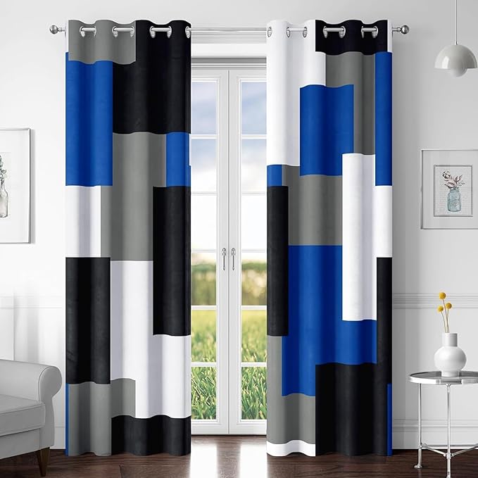 Royal Blue 100% Blackout Curtains for Bedroom 108 inch Extra Long 2 Panels Set Navy Blue Grey Modern Abstract Geometric Black Out Curtains Room Darkening Window Drapes for Living Room, 52Wx108L