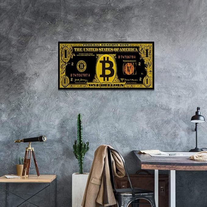 Black Golden Bitcoin Wall Art Canvas Paintings Modern Home Decor Money Artwork Vintage Nordic Western Paintings Wooden Framed Ready to Hang-32x16 inches