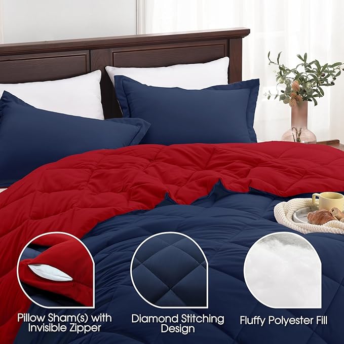 Beyond Twin Comforter Set - Navy/Red Reversible Comforter Set for All Seasons, 1 Comforter (66"x92") and 1 Pillow Sham (20"x26"+2")