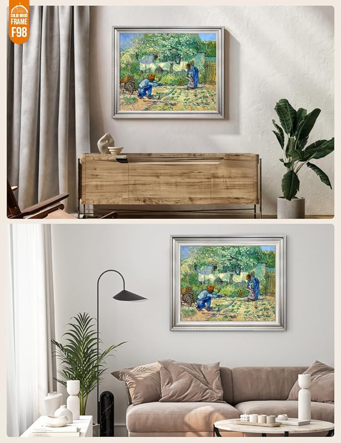 DECORARTS - First Steps, after Millet, Vincent Van Gogh Art Reproduction. Acid Free Cotton Canvas Giclee Print w/Bronze Frame&Mat for Wall Decor.