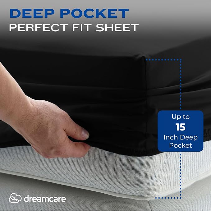 DREAMCARE Twin XL Sheet Set - Cooling Bed Sheets - 4pc Set - up to 15" Deep Pocket - Soft & Long Lasting 100% Fine Brushed Polyester with Side Pocket - Black