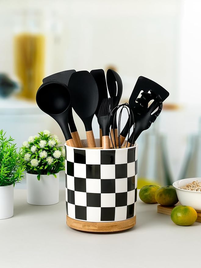 LoeJan 3 Compartment Utensil Holder, Extra Large Utensil Crock, Stable Ceramic Utensil Organizer, Cooking Tool Organizer Set for Kitchen Counter Farmhouse Decor (G-Black(Square))