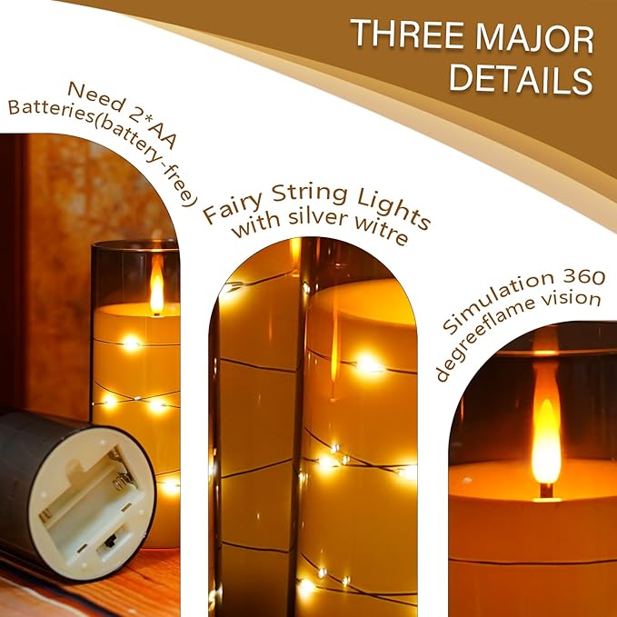 Flameless Candles,with Embedded Star String, Battery Operated Candles Flickering LED Pillar Candles with Remote Control and Timer, Home Decoration ，Set of 5 (D 3"×H 4" 5" 6" 8" 8") (Grey)