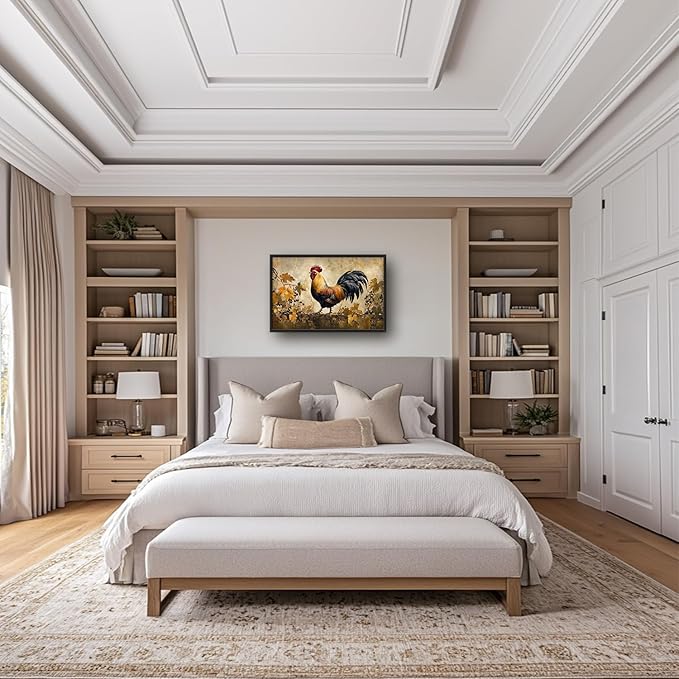 Flintis Large Rooster Framed Wall Art Vintage Chicken Grapevine Pictures Wall Decor Abstract Animal Canvas Painting Print Artworks Decor Framed for Living Room Bathroom Master Bedroom 36L X 24W