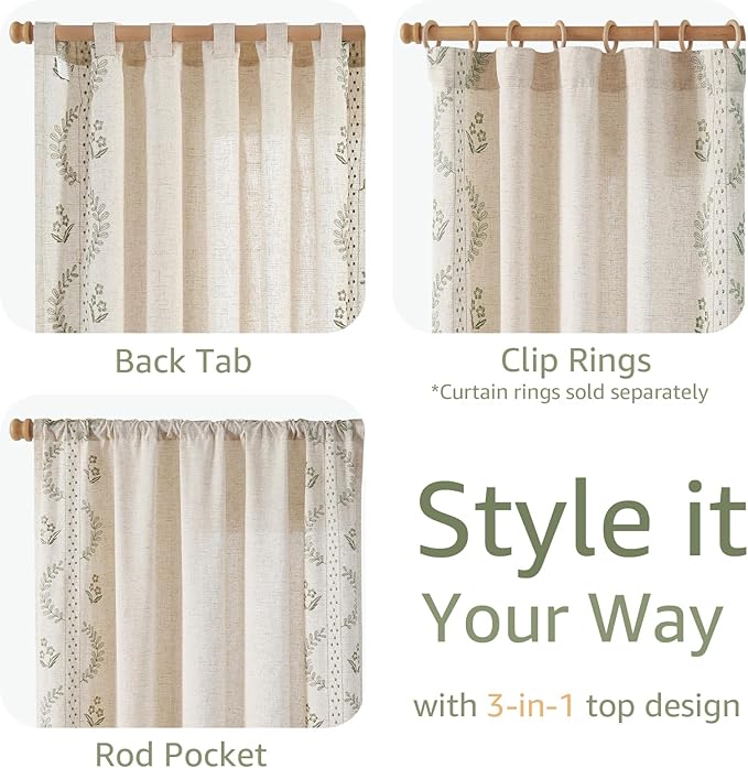jinchan Belrose Linen Curtains for Bedroom Floral Curtains 63 Inch Length Sage Green Embroidered Drapes Farmhouse Flower Patterned Drapes for Living Room Window Treatments Sets 4 Panels