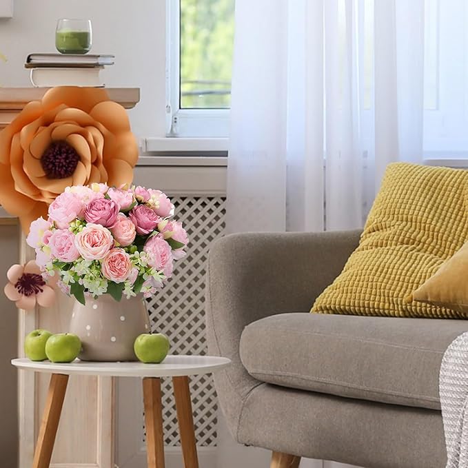 Geosar 8 Bundles Artificial Peonies Flowers Fake Silk Peony Bouquet Faux Peonies Flowers Bulk for Decoration Vase Florals Arrangements Wedding Party Table (Russet Red,Light Pink)