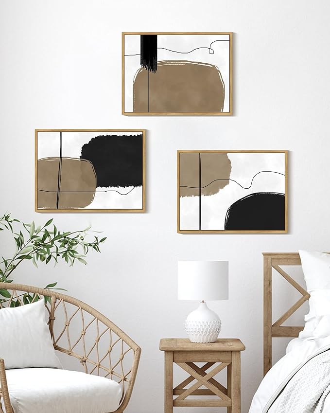 KUVIOKE Abstract Wall Art Framed Neutral Beige Mid Century Textured Artwork Black Minimalist Line Modern Illustrations Bedroom Hallway Ready to Hang 12x16in (Natural Framed)