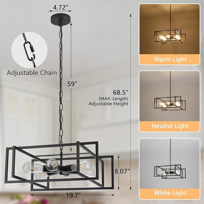 19.7" Matte Black Industrial Pendant Light, Hight Adjustable, 6-Lights Rustic Vintage Metal Chandelier Light Fixture for Kitchen Island Hallway Dining Room