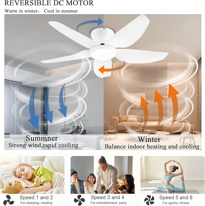 Ceiling Fans with Lights, 43 Inch Low Profile Ceiling Fan with Light and Remote/App Control, Flush Mount, Reversible DC Motor, 3CCT, Dimmable, Noiseless, White Ceiling Fan for Indoor/Outdoor Use