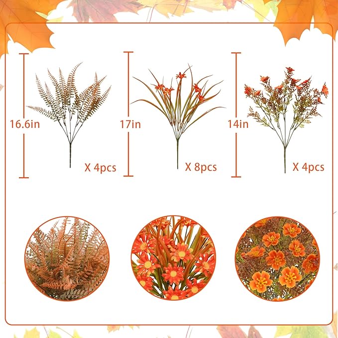 16 Pcs Fake Fall Flowers Outdoor Fall Artificial Flower Arrangements Faux Fall Outdoor Plants Decorations for Home Porch Pathway Window Box Mantel Harvest Thanksgiving