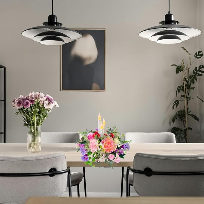 Spring Summer Floral Arrangement Centerpiece for Table with Artificial Peonies Flowers Rose Morning Glory Taper Flameless Candles for Dining Room Wedding All Season