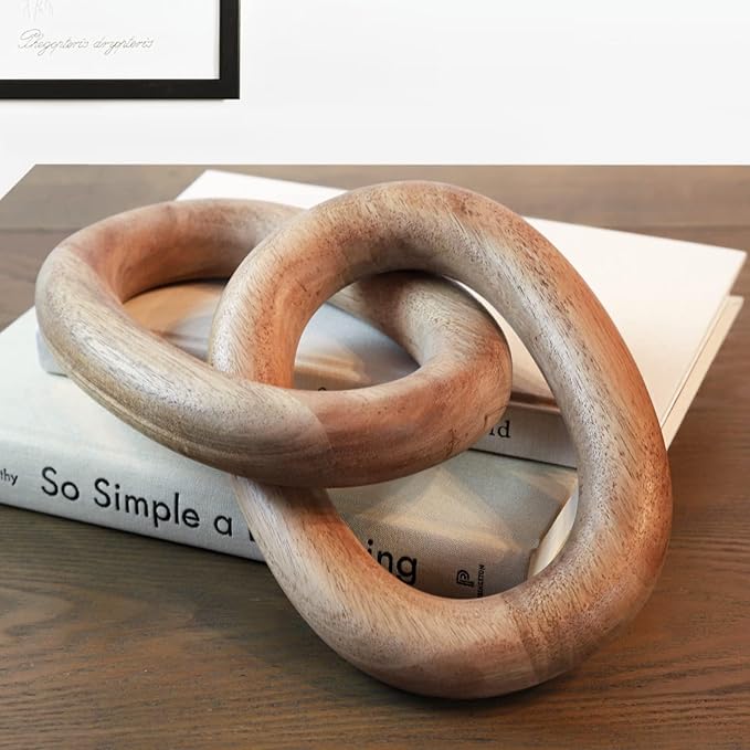 Wood Chain Link Decor – 13” Wooden Decorative Object for Coffee Table Decor and Neutral Decor for Home – Modern Knot Accent for Shelf Styling, Books, or Housewarming Gifts