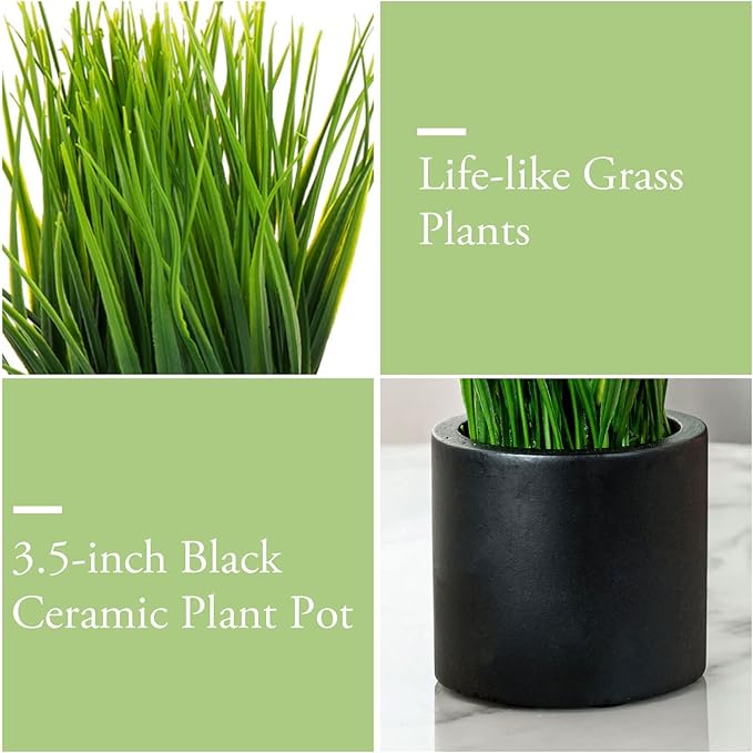MyGift Tabletop Artificial Grass Plants Decorative Faux Greenery Plant Potted in Modern Cylindrical Black Cement Pots, Set of 2