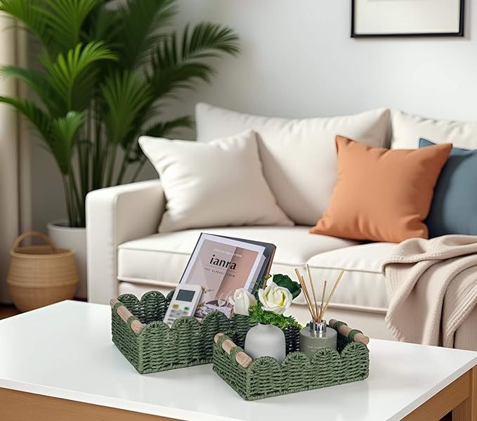 CubesLand Scalloped Edge Decor Baskets for Home, Living Room, Toilet Paper Storage Basket for Over Toilet Shelf, End Table,Shelves and More, Small Paper Rope Baskets Both Storage&Decor, Set 2 Green