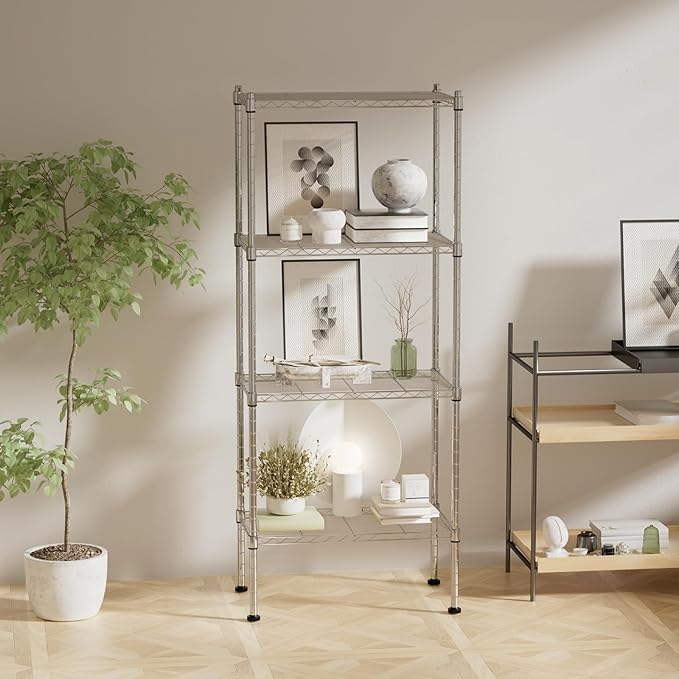4 Tier Shelving Unit, 176 LBS Per Shelf Height Adjustable Narrow Storage Shelves, Heavy Duty Metal Garage Metal Shelves for Kitchen, Restaurant, Pantry, Laundry, Chrome
