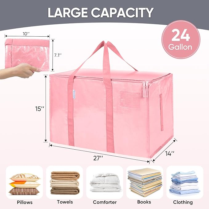 TICONN 2 Pack Extra Large Moving Bags with Zippers & Carrying Handles, Heavy-Duty Storage Tote Moving Boxes for Space Saving (2 Pack, Coral)