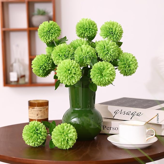 Floweroyal 24pcs Green Flowers Artificial Chrysanthemum Ball Silk Hydrangea Flowers Bridal Wedding Bouquet for Home Garden Party Office St Patricks Day Decor