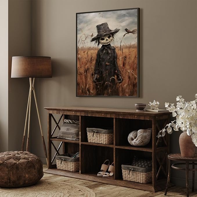 Vintage Fall Wall Art Cute Scarecrow in Field Posters Scarecrow Pictures Canvas Prints Autumn Cornfield Cottage Core Halloween Room Decor 16x24inch black framed