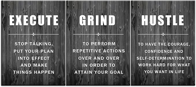 Inspirational Poster Execute Grind Hustle Motivational Wall Art 3 Pieces Canvas Prints Artwork for Living Room Modern Home Decor Painting Pictures Stretched and Framed Ready to Hang [36''Wx 16''H]