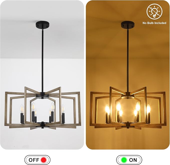 8-Light Modern Farmhouse Chandelier, Vintage Geometric Dining Room Lighting Hanging, Industrial Chandelier for Kitchen Island Entryway Foyer Stairway, Retro Wood Texture and Black Finish