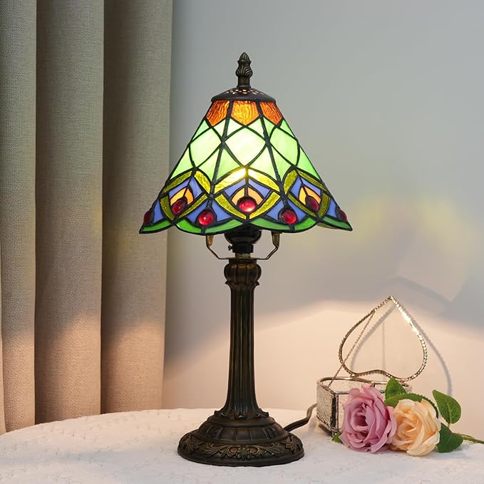 8 Inch Tiffany Style Stained Glass Table Lamp, Peacock Feather Pattern Retro Style Design, Suitable for Bedroom Bedside Lamp Office Study and Other Home Art Decoration (Green)