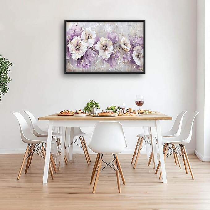 Large Wall Art for Living Room Framed, Purple Flower Wall Decor Pictures, Abstract Floral Canvas Print Painting, Aesthetic Artwork Bedroom Office Home Decor 36"x24"